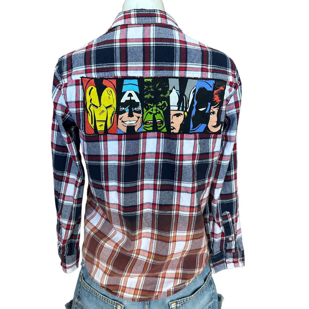Avengers Plaid Flannel Shirt SMALL Oversize Shacket Upcycle Unique Marvel Blue